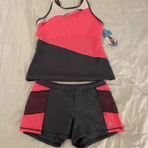 NWT Womens FREE COUNTRY Tankini 2 Pc Set Swimsuit Cloud Gray/Coral ColorBlock ~S